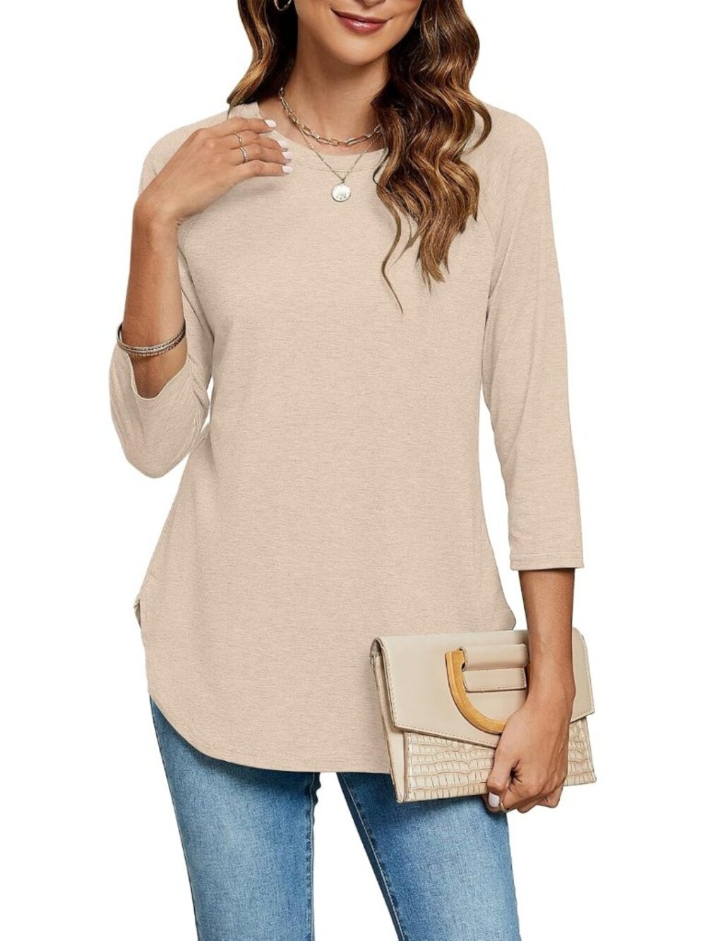 Casual 3/4 Sleeve Tunic Top for Women - Round Neck, Loose Fit, Everyday Wear